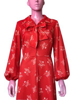 Vintage 70s L Maxi Dress Hostess Gown Red White Floral Pussybow Zip Point Collar